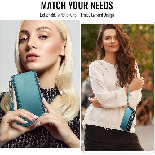 Defencase Compatible with iPhone 16 Case Wallet with RFID Blocking Card Holder for Women Men, Fashion PU Leather Magnetic Snap Flip Zipper Strap Wallet Phone Case for iPhone 16 6.1, Blue Green