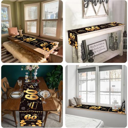 Happy 60th Birthday Table Runner Black Gold 72 Inch Long Celebrate 60th Birthday Table Runner for 60 Years Old Men Women Anniversary Party Decor Non-Slip Dining Table Linen Cloth Decorations