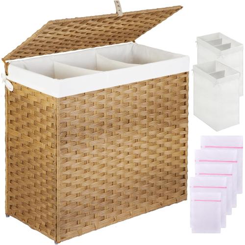 Greenstell Laundry Hamper with Lid, 125L Large Clothes Hamper with 3 Section & 2 Section Removable Liner Bags & 5 Mesh Laundry Bags, Handwoven Synthetic Rattan Divided Laundry Basket, Natural
