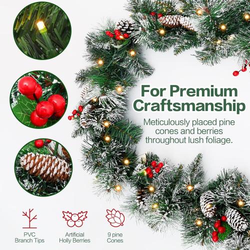 9ft Flocked Pre-Lit Artificial Christmas Garland,Christmas Tree Garland,Flocked Xma Tree Garland with Lights, Pine Cones, Red Berries, Branch Tips,Berry Clusters, Plug in