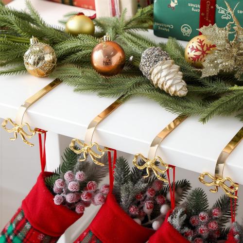 4 Pcs Christmas Bow Stocking Hangers Holder Mantle Metal Hooks Gold Christmas Stocking Clips Classic Shelf Garland Hangers for Counter Window Fireplace Xmas Party Decoration