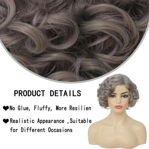 Grey Short Curly Wig for Women Finger Wave Wigs Natural Heat Resistant Synthetic Hair for Daily Costume Party Halloween Wig