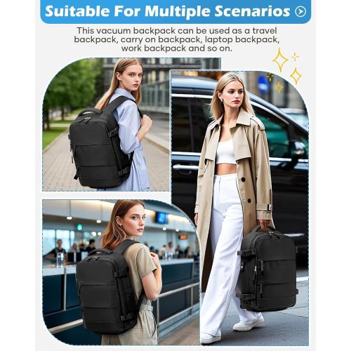 Black Vacuum Backpack Travel Laptop Backpacks For Women Men Carry On Backpack With Vacuum Compression Bags Seal Packing Personal Item Travel Bag Vacpack Backpacks Without Pump