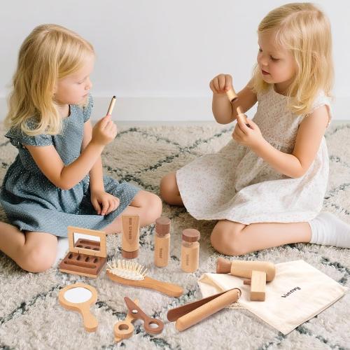 11-Piece Wooden Makeup Toy Set for Girls, Pretend Play Makeup Kit for Toddlers & Kids with Mirror, Lipstick, Hair Straightener & Storage Bag, Christmas Birthday Present for Ages 3-6 Years Old