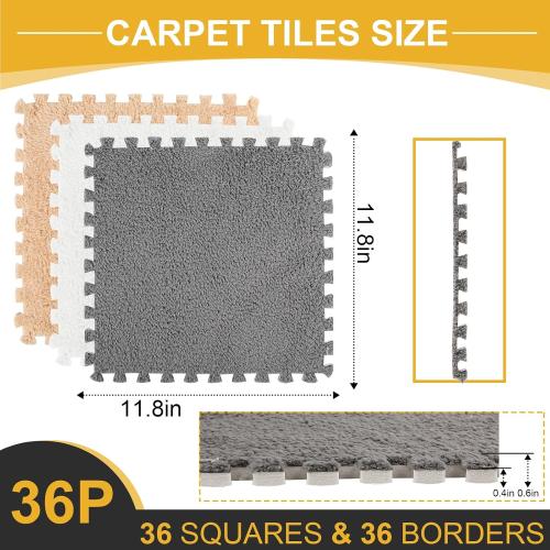 ZENOWICK 36 Pcs Plush Interlocking Carpet Tiles, Puzzle Play Mats for Floor | Anti-Slip Shaggy Foam Carpet Tiles for Toddler Baby, EVA Foam Tiles for Nursery, Playroom(Grey White Light Brown)