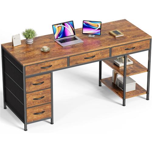 Huuger Computer Desk with 6 Drawers, 54 Inch Office Desk with Shelves, Reversible Gaming Desk, Corner Desk with Storage, Work for Home Office, Study, Living Room, Rustic Brown