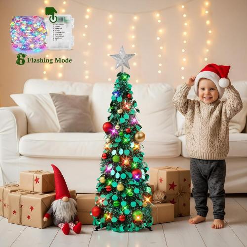 N&T NIETING Pop Up Christmas Tree with Lights, Collapsible Tinsel Xmas Tree Decorations, Pencil Christmas Tree Skinny Tree for Holiday Xmas Home Office Decor, 25 Balls, 3Ft, Peacock Blue