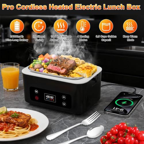 Heated Lunch Box,Electric Lunch Box, Lunch Box Battery Powered, Pro 24000mah,5.5 Cups Portable Food Heater-3D-5 Side Heating-Intelligent Temperature Control,Suitable For Trucks,Offices (Black/White)