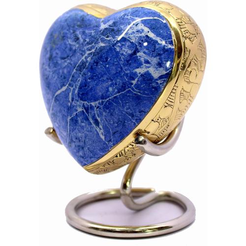 eSplanade Brass Mini Cremation Urn Heart-Shaped Keepsake Memorial Jar Pot Container | Small Urn for Funeral Ashes Burial | Stone Textured Keepsake with Stand | Blue - 2.75 Inches