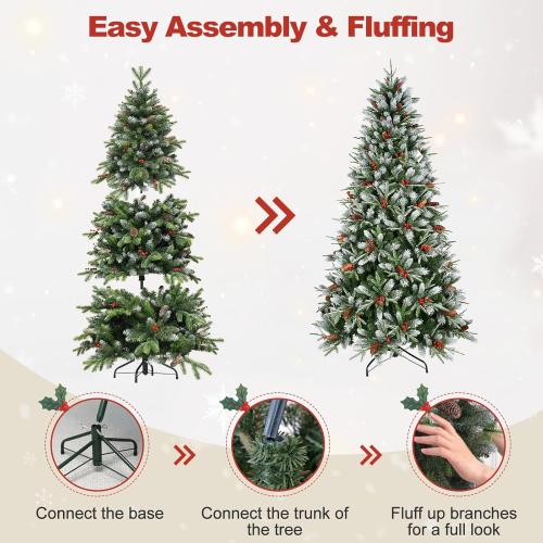 4ft Unlit Christmas Tree Pre-Decorated Snow Flocked with Pine Cones & Red Berries Artificial Xmas Tree for Holiday Office Outdoor Christmas Decoration(Green White)