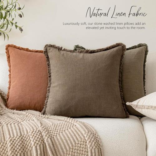Color Green Foindtower Set of 2 Decorative Linen Fringe Throw Pillow Covers Cozy Farmhouse Boho Cushion Cover with Tassels Soft Accent Pillowcase for Couch Sofa Bed Living Room Home Decor 20×20 Inch