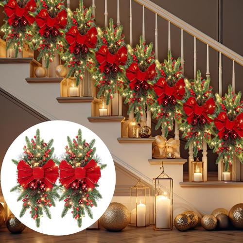Lyrow 8 Pcs Christmas Artificial Swags 24 Xmas The Cordless  Stairway Swag Teardrop Trim Wreath Door Stair Swag Garland Christmas Swags for Outdoor Home Garden Decor(Red,Ribbon)