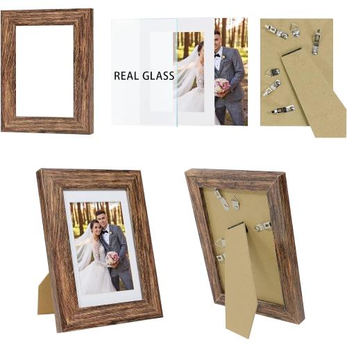 Hongkee 5x7 Picture Frame Set of 2, Made of Real Glass and Rustic Brown Wooden Frame - Display Pictures 4x6 with Mat or 5x7 Without Mat, 5 by 7 Photo Frame for Wall or Tabletop Display