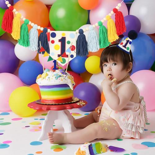 Colourful Rainbow Dot 1st High Chair Banner Conical Cap Primary Colors Cake Topper for Boys Girls Birthday Party Decorations