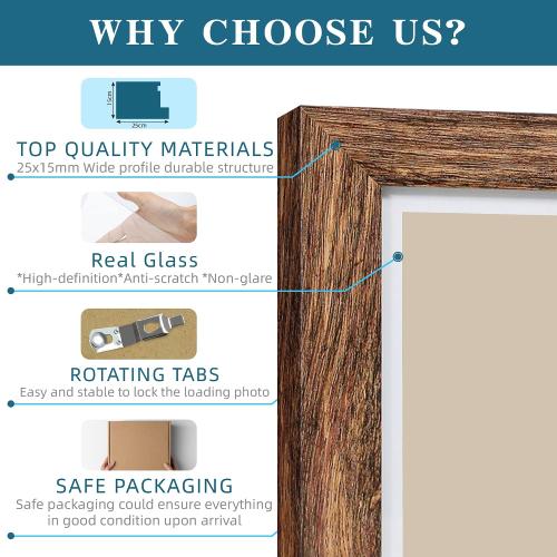 Hongkee 5x7 Picture Frame Set of 2, Made of Real Glass and Rustic Brown Wooden Frame - Display Pictures 4x6 with Mat or 5x7 Without Mat, 5 by 7 Photo Frame for Wall or Tabletop Display