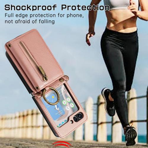 Compatible with Samsung Galaxy Z Flip 6 5G 2024 Wallet Case and Crossbody Shoulder Strap Ring Buckle Hinge Protection Stand Card Holder Phone Cover for ZFlip6 Z6 G Flip6 6Z Women Girls Men Rose Gold