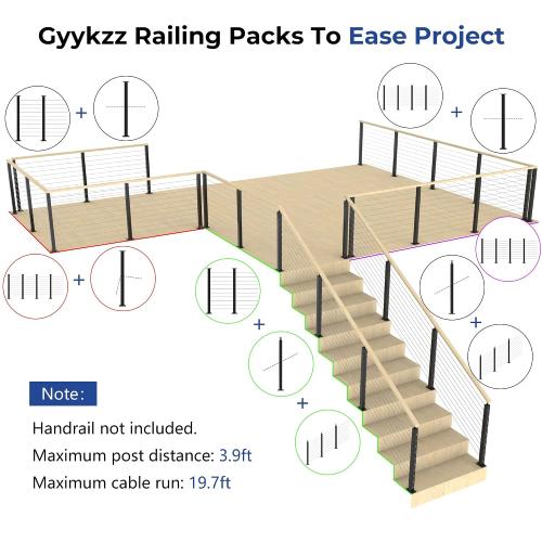 36 Fixed Top Level Drill Cable Railing Post 2Pack Bundle with 6'6'' Stainless Steel Rectangular Black Handrail 2Pack