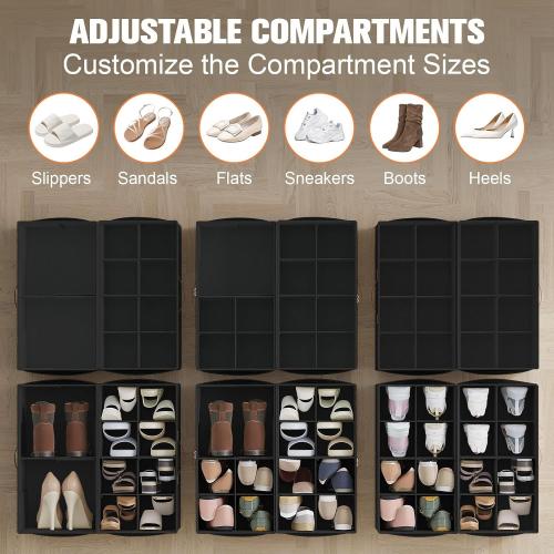 Shoe Organizer for Closet, 2-Pack Foldable Shoe Storage Box with Adjustable Dividers & Clear Cover, Fits 16 Pairs, Black, Durable and Space-Saving