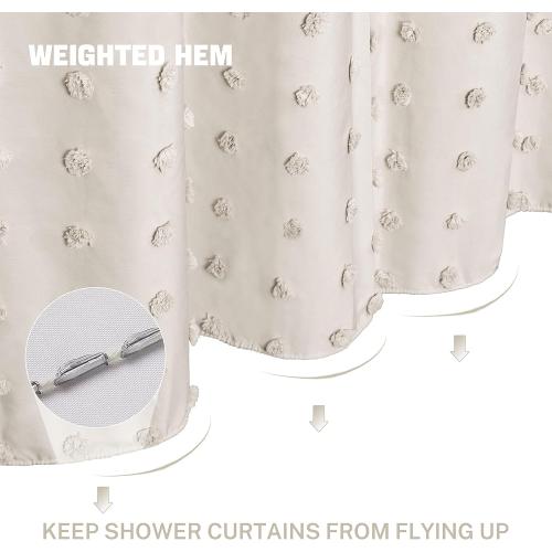 Size 72x72 Color White Boho Farmhouse Beige Shower Curtain, 72 x 72 Tufted Pleat Floral Puffs Textured Modern Farmhouse Minimalist Shower Curtain Set with Hooks for Bathroom