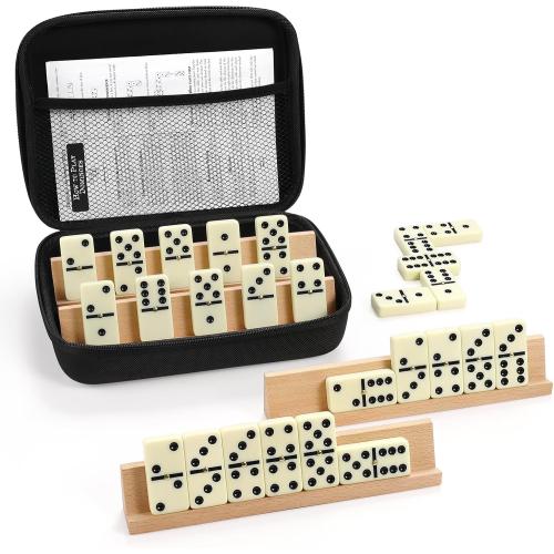 Dominoes Set Adults with 4 Wooden Racks/Trays Double Six Dominoes Travel Set with Portable Case Double 6 Dominoes Set with 4 Tiles Holders 28 Tiles Dominos Set Family Classic Board Games White