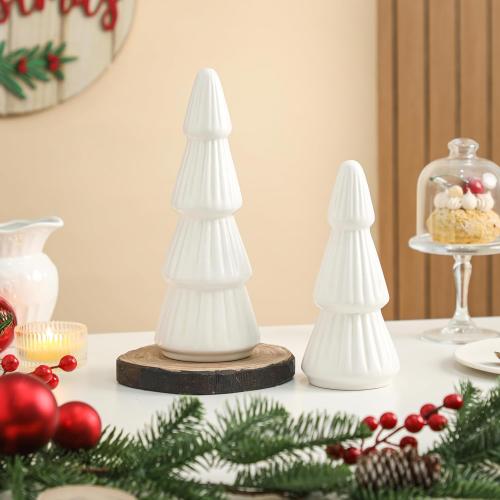 KORMMCO White Ceramic Christmas Tree Decor, Winter Decorations, Small Winter Farmhouse Christmas Tree Decor Set for Tabletop, Mantel, Tiered Tray, Vintage Xmas Decorations, Set of 2 9.6”& 7.5”