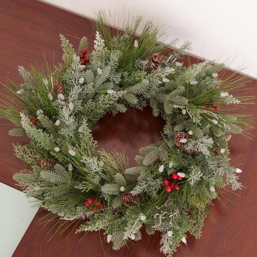 Pre-lit Christmas Wreath for Front Door, Snow Branches, 22 Inch Battery Operated 50 LED Lights, Decorations for Indoor & Outdoor Green