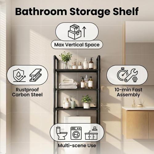 Renyqatt Over the Toilet Storage, 3-Tier Bathroom Organizer, Freestanding Above Toilet Shelf with Adjustable Feet, Space Saving, Easy Assembly, Carbon Steel Shelf, 61 H, Black