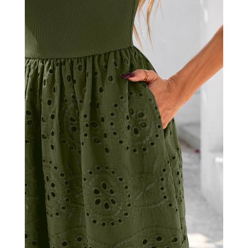 Size L...dowerme Women Summer Dresses 2026 Casual Sleeveless Crewneck A-Line Boho Lace Eyelet Cotton Tank Maxi Dress with Pockets
