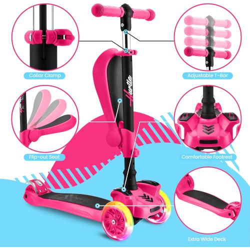 Hurtle 3-Wheeled Scooter for Kids - Wheel LED Lights, Adjustable Lean-to-Steer Handlebar, and Foldable Seat - Sit or Stand Ride with Brake for Boys and Girls Ages 1-14 Years Old