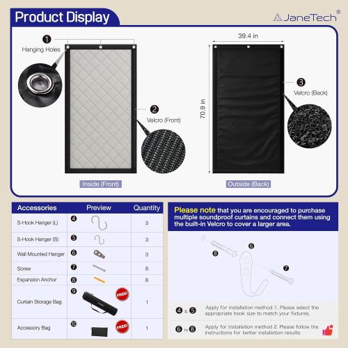 Soundproof Curtain 70 x 40 – Heavy Duty Sound Blocking & Sound Dampening Curtain with Grommets & Hooks, Multi-Layer Acoustic Curtain for Noise Reduction & Light Blocking, Black, Single Panel