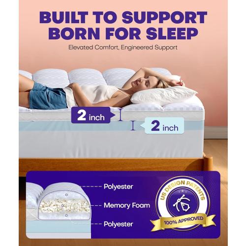 Dual Layer 4 Inch Memory Foam Mattress Topper for Pressure Relief with 4X Support, 2 Fluffy Pillow Top Queen Mattress Topper 50% Viscose Made from Bamboo Plus 2 Cooling Gel Memory Foam Mattress Pad