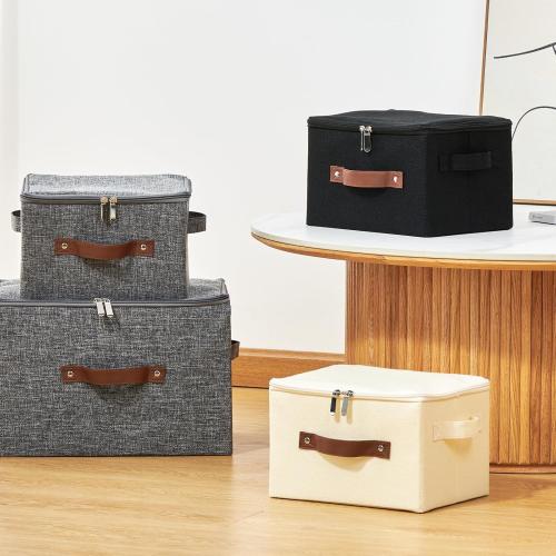 Storage Bins with Zipper Lid Cotton Linen Fabric Lidded Storage Baskets Boxes Foldable Washable Closet Shelf Clothes Organizer Container with PU Leather Handles (Black, Small Size)