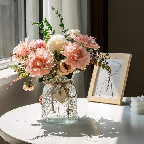 3 Pack Set Fake Flowers With Vase, Faux Silk Pink Dahlia Artificial Flowers for Home Decor, Coffee Table, Living Room, Bathroom Plant Decor