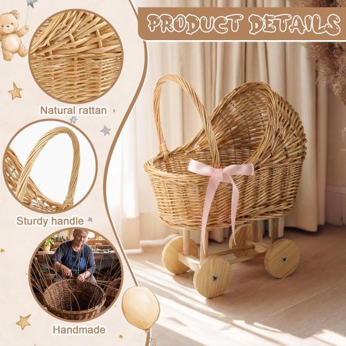 Wicker Baby Carriage for Baby Shower Vintage Wicker Stroller Woven Rattan Flower Basket Rustic Decorative Cart Storage with Handle for Floral Arrangement Wedding Photo Props(Wood Color,20 in)