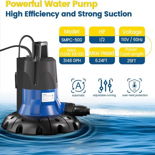 Size 1/2 HP Automatic Pool Cover Pump 3148 GPH Submersible Sump Pump Inground & Above Ground, Heavy Duty Water Pump with 25 Feet Power Cord for Swimming Pool Garden Pond Basement Window Well