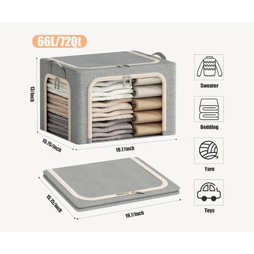 3 Pcs,Light Grey,66L 3 Opeings Large Clothes Storage Bins with Metal Frame, Foldable Storage Bin for Clothes, Clothing Storage Bins with Lid, Linen Storage Box With Clear Window＆ Zippers＆ Handles.(3 Pcs,Light Grey,66L)