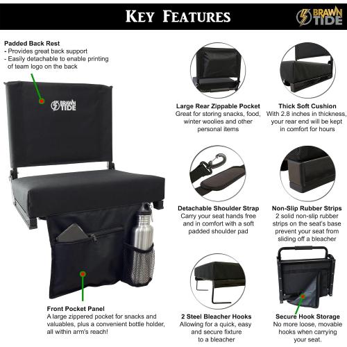 BRAWNTIDE Wide Stadium Seat - Extra Thick Cushion, Great Back Support, Lightweight Chair, Multiple Storage Pockets, Compact, Ideal for Sporting Events