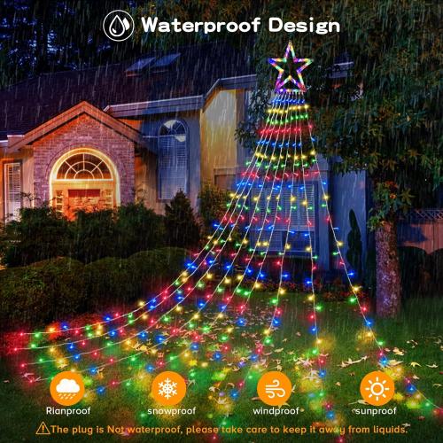 BlcTec Outdoor Christmas Decorations 317 LEDs Christmas Lights with 9 Strands 11.9ft Waterfall Christmas Tree Lights, 8 Modes, Waterproof, Topper Star & Timer for Yard Patio Xmas Décor, Multicolor