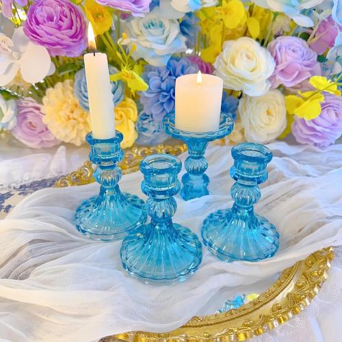 Set of 6 Color Blue Glass Candlestick Holder,Striped Taper Candle Holders,Set of 6 Candle Stand for Table Centerpieces, Home Decor,Weddings,Festival and Parties (Blue Stripe Pattern)