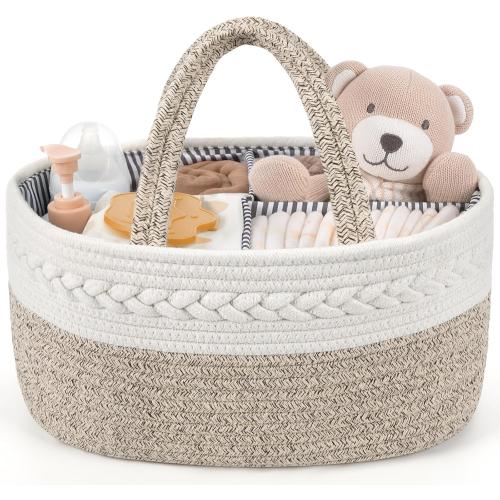 Maliton Baby Diaper Caddy Organizer, X-Large Cotton Rope, Rustic Style, Portable, 3 Compartments, A-Brown