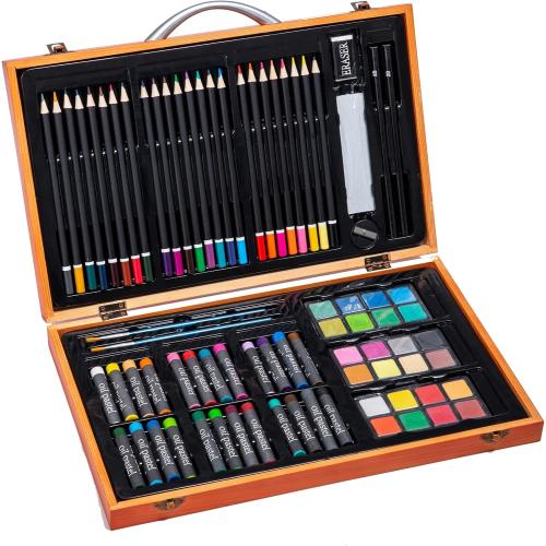 US 80 Piece Deluxe Artist Studio Creativity Set Wood Box Case - Art Painting, Sketching Drawing Set, 24 Watercolor Paint Colors, 24 Oil Pastels, 24 Colored Pencils, 2 Brushes, Starter Kit