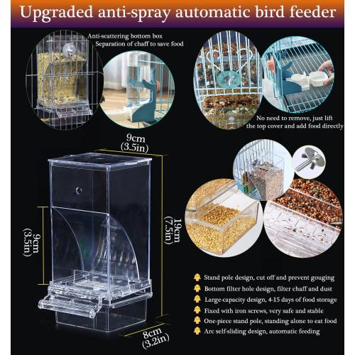 Color Blue Kenond No Mess Bird Feeder Water Dispenser Set, Automatic Parrot Feeder Cage Accessories, Clear Parakeet Seed Container Food Drinker for Cage, Cockatiel Finch Lovebirds Budgies Canary (Blue)