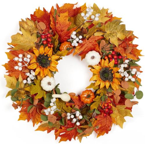 Fall Wreath for Front Door, 22-24 Autumn Wreath with Sunflower, Pumpkin, Berry. Artificial Home Decorations for Indoor Outdoor Window Wall Porch,UV Resistant Seasonal Decor for Thanksgiving Halloween