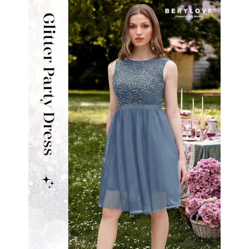 Size S BeryLove Sequin Dress Vintage A Line Wedding Formal Swing Tulle Dress Sleeveless Cocktail Mini Dress