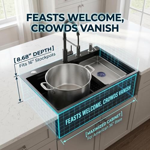 30 Inch Black Drop-In Stainless Steel Kitchen Sink: Single Bowl Deep Scratch Resistant 16 Gauge Workstation with Faucet & Accessories Combo for Family Kitchen