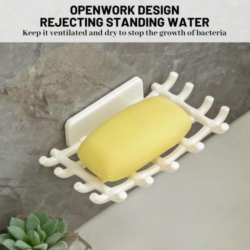 Pack of 4 Soap Bar Holder for Shower Wall, Self Draining Soap Dish with Hooks, No Drilling, Bathtub Kitchen Sink Waterproof Adhesive Wall Mounted Dish (4 Pack, White)