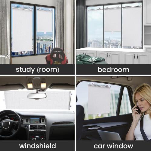 No Drilling Retractable Roller Window Shades W/3 Suction Cups, Black Blackout Blind Shade Temporary Cover Curtain for Home Bedroom Car (49.21 L×22.83 W, Silver Coating)