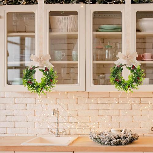 2Pcs Mini Christmas Wreaths for Cabinets Small Green Hanging Wreath Ornament for Winter Holiday Home Outdoor Indoor Window Tree Crafts Decorations