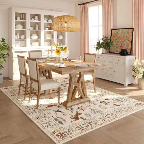 Living Room Rug 5x7 Rug Machine Washable Boho Area Rug Non Slip Floral Animal Vintage Low Pile Large Rugs for Living Room, Bedroom, Farmhouse, Dining Room, Kids Playroom (Beige)