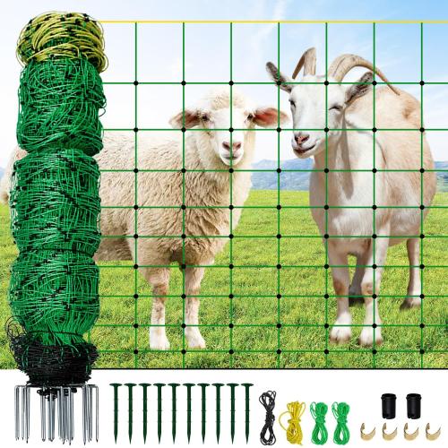 Size 42.5x 164 Color Green Electric Fence Netting, 42.5 H x 164'L, Electric Netting Fence for Cattle, Sheep, Goat, Hogs, Pre-Assembled, 14 Posts Double Spiked, Portable Livestock Nets Used in Backyards, Farms and Ranches